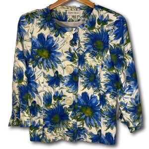 Size 10 Fully Lined Blue Floral Linen Blazer Jacket
